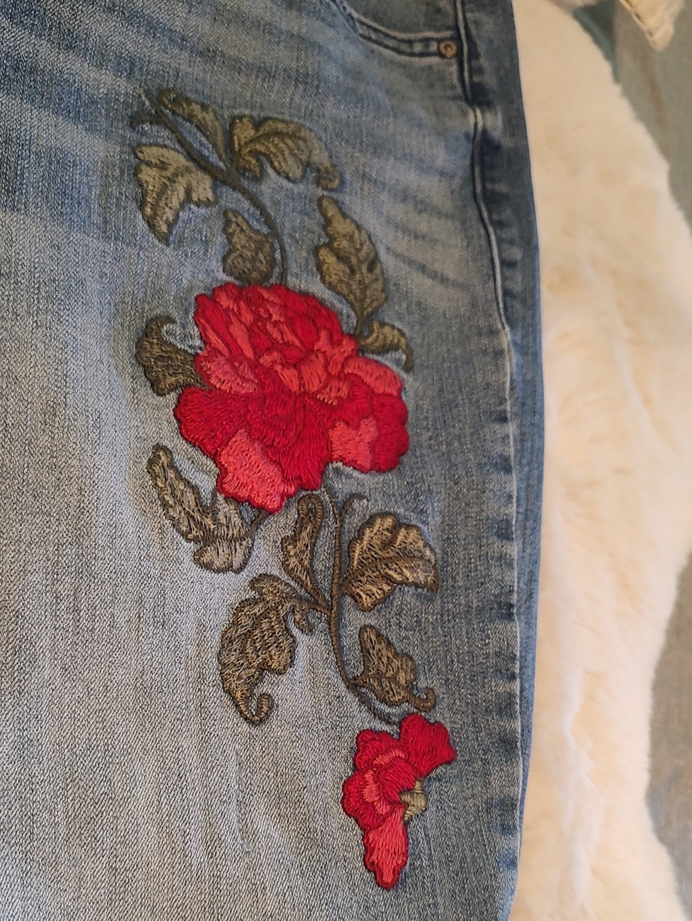 Vintage America Light Blue Jeans with Red Floral Embroidery - Picture 5 of 7